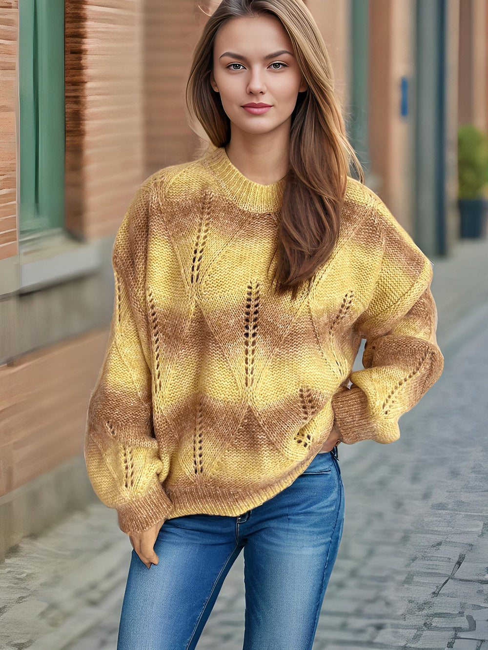 Pull en tricot décontracté pour femmes avec un motif de trous moderne et des manches volumineuses Chic und Stil