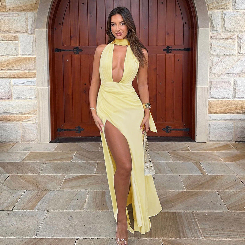 Dames Robe Maxi Halter Fente Haute Chic und Stil