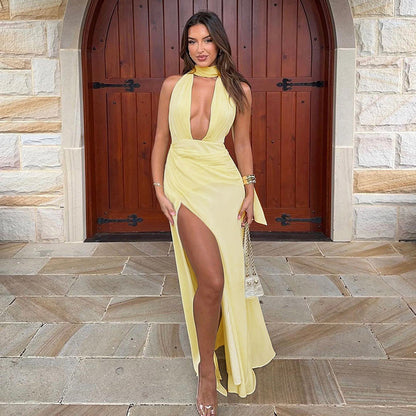 Dames Robe Maxi Halter Fente Haute Chic und Stil