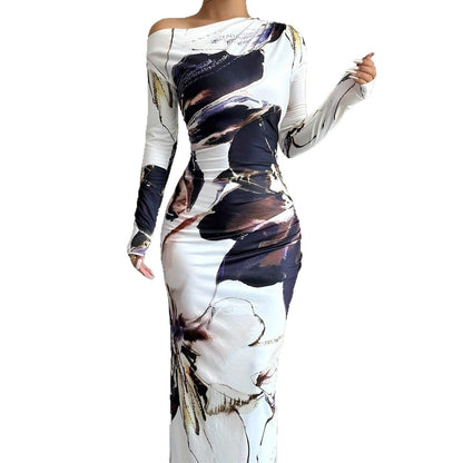 Robe maxi élégante pour femmes avec impression artistique originale et design sans épaules Chic und Stil