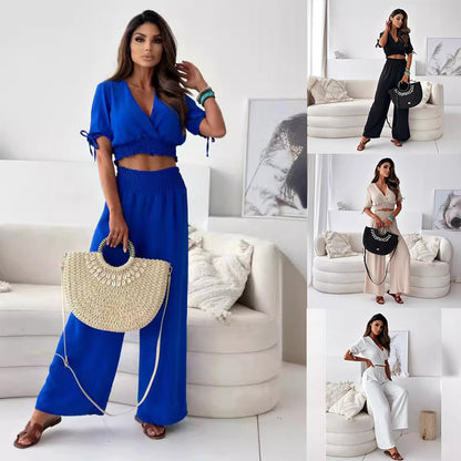 Chic and Style women's cropped smocking top set and wide pants