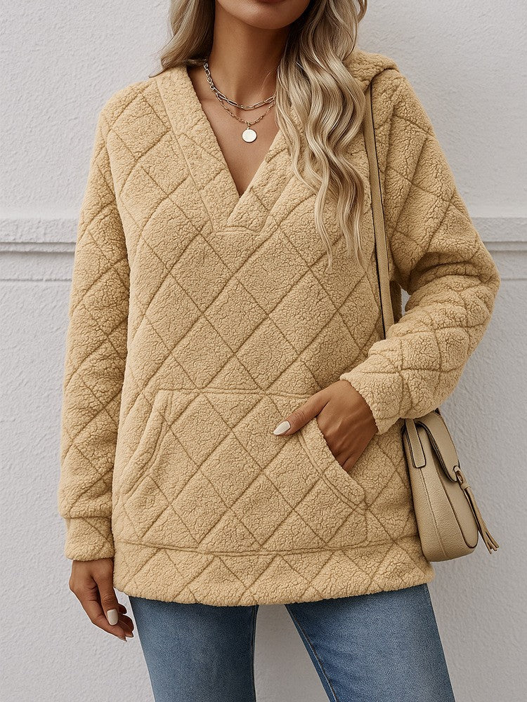 Dames doux pull en fleece avec col en V Chic und Stil