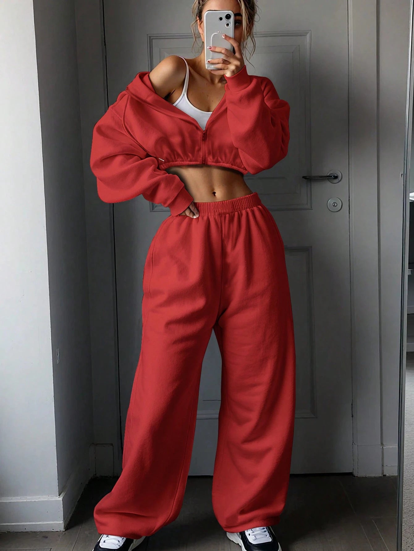 Femme ensemble en polaire décontracté avec pull court et pantalon large Chic und Stil