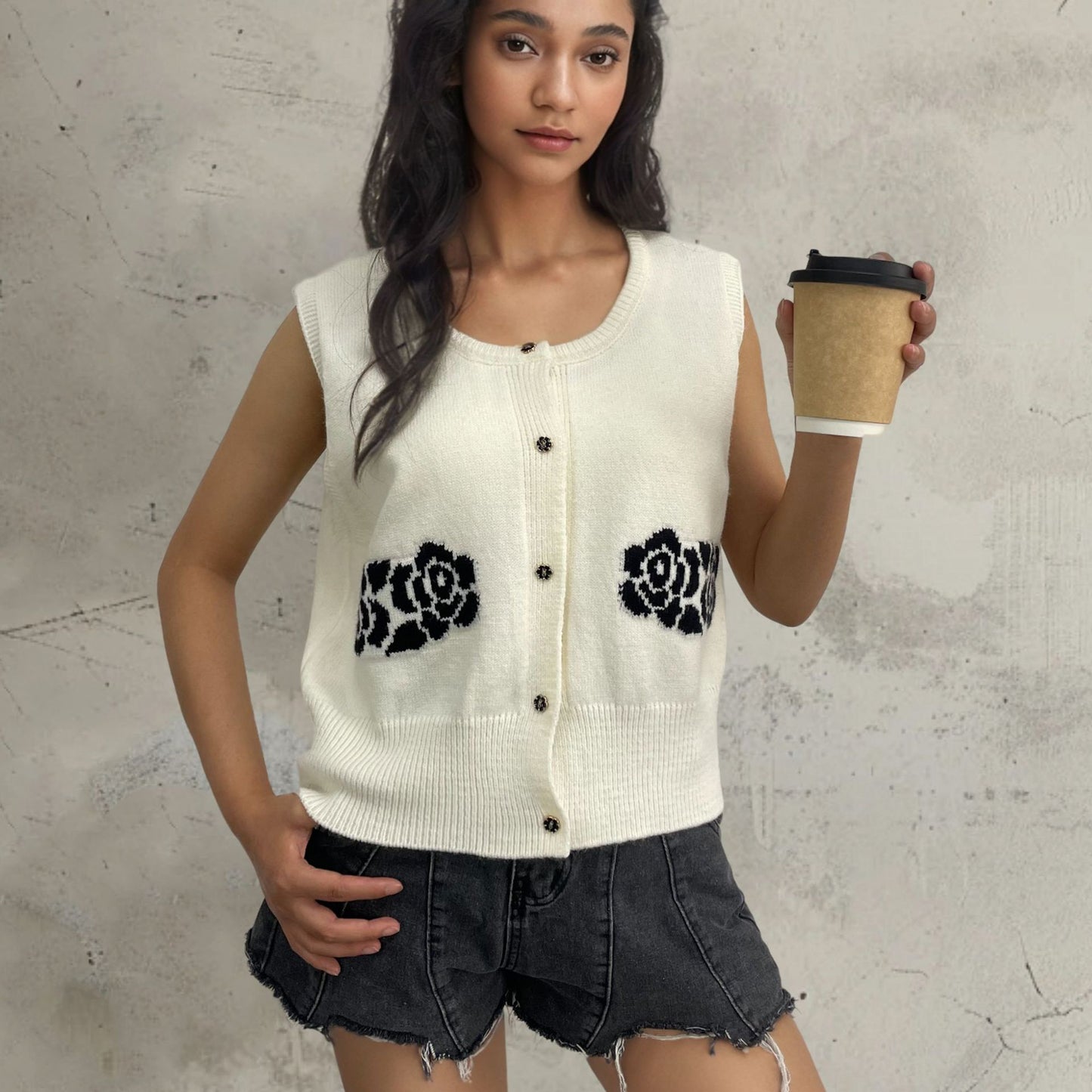 Dames gilet en tricot avec design floral et boutons confortables Chic und Stil