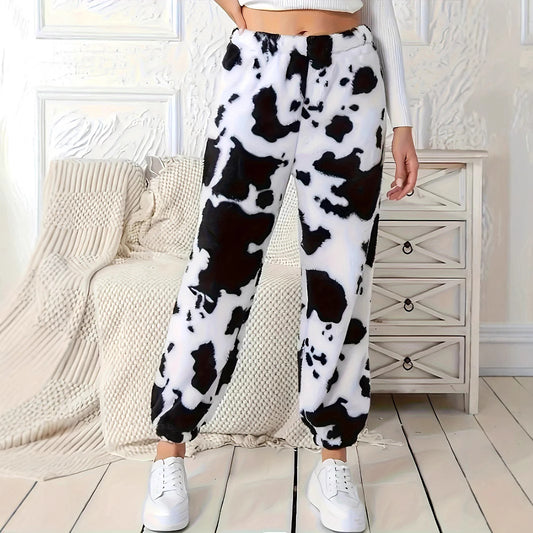 Women's plush pants with a trendy cow spot pattern and an elastic waist Chic and Style