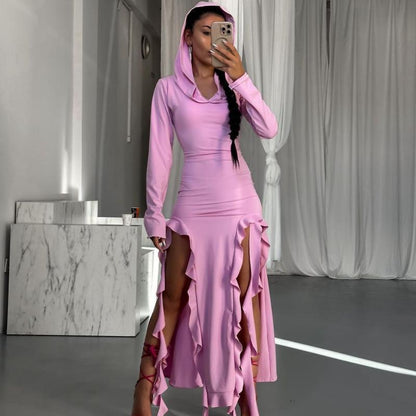 Robe maxi à manches longues pour femmes avec capuche et détails en volants Chic und Stil