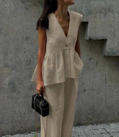 Dames Élégant Costume Pantalon en Lin Chic und Stil