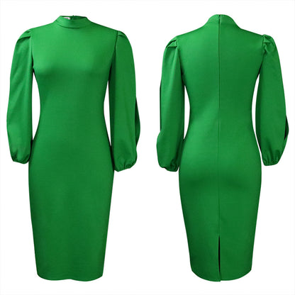 Dames Élégant Robe Bodycon à Manches Bouffantes et Col Haut Chic und Stil