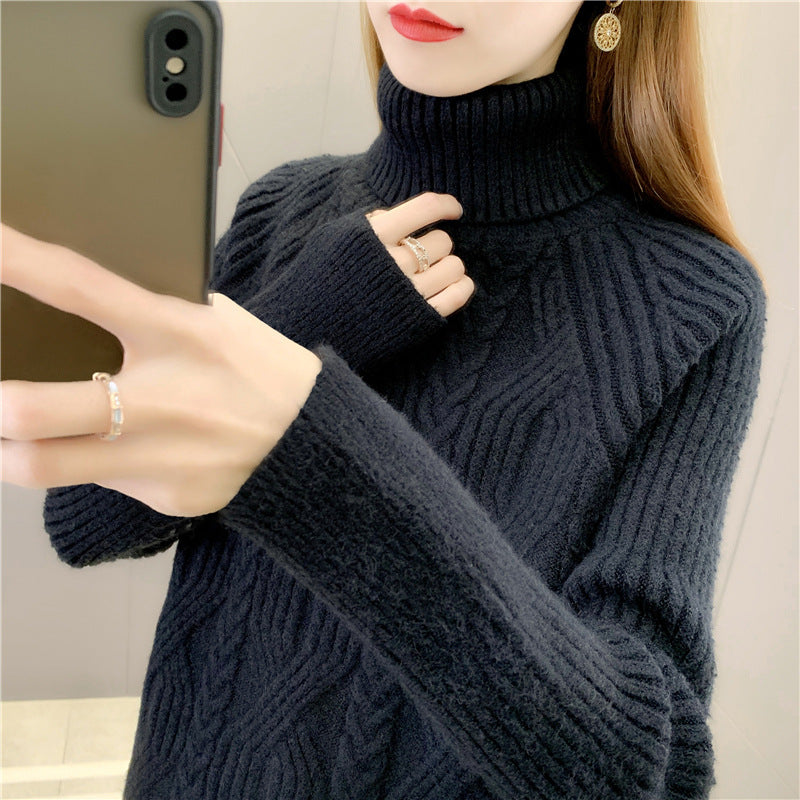 Women's turtleneck pullover with textured cable knit pattern and long sleeves Chic and Style