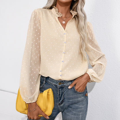 Blouse à volants pour femmes avec des manches transparentes et un motif à pois fin Chic und Stil