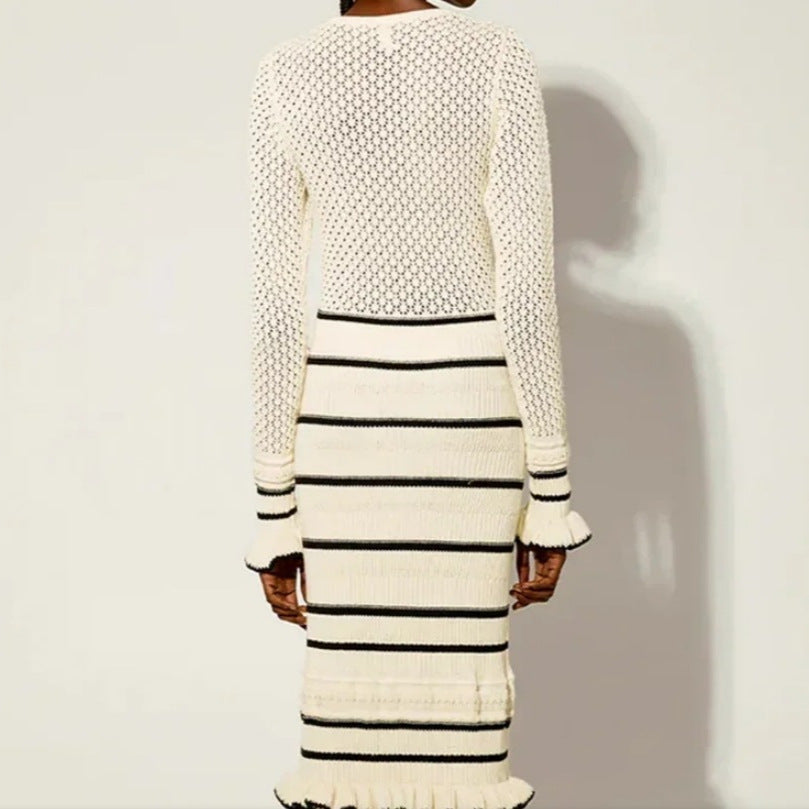 Robe maxi en tricot pour femmes avec un motif en losanges raffiné et une rayure contrastante Chic und Stil