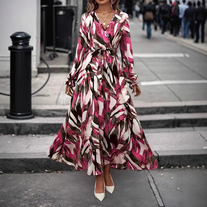Dames Élégante Robe Maxi avec Imprimé Floral et Ceinture Chic und Stil