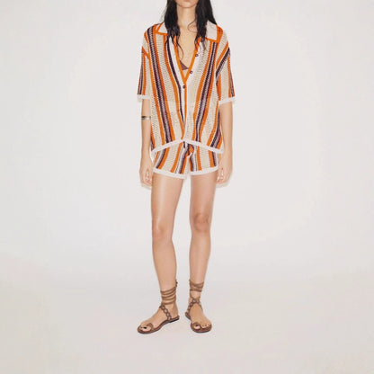 Chemise en tricot épais pour femmes avec manches courtes et rayures contrastées Chic und Stil