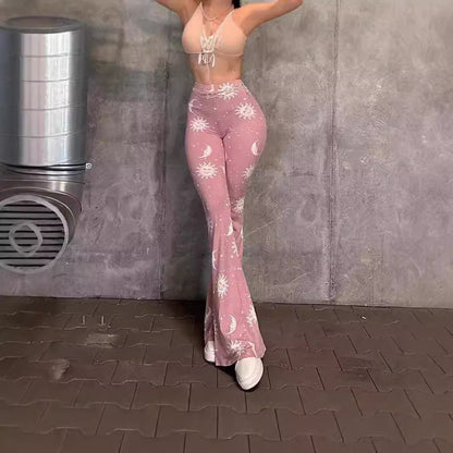 Bootcut pants for women with artistic moon and sun design Chic and Style