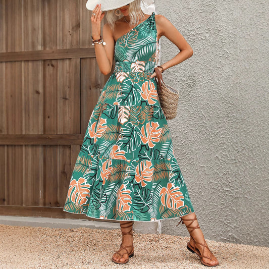Robe maxi pour femme avec coupe asymétrique et motif tropical Chic und Stil