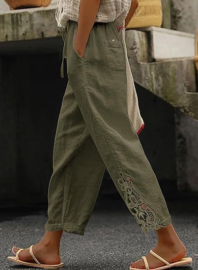 Airy linen trousers for ladies with decorative embroidery Chic and Style