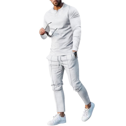 Athletic leisure outfit for men with long sleeve Henley top and comfortable jogging capri pants Chic and Style