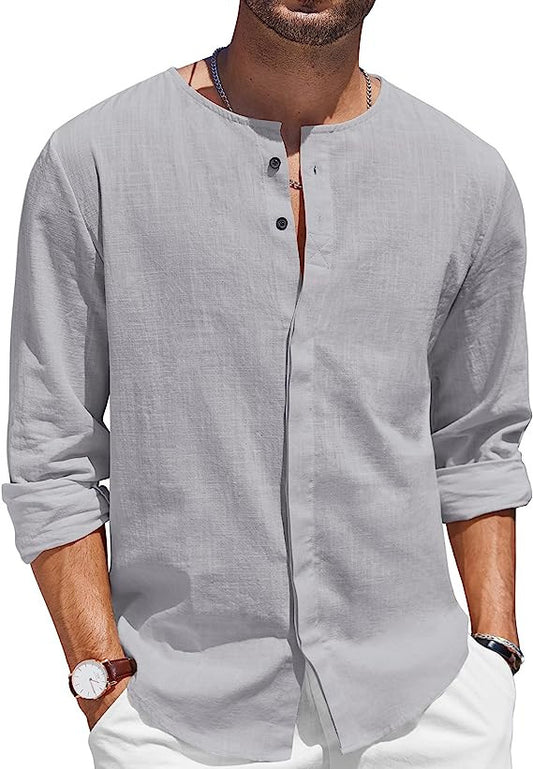 Chemise en lin pour hommes avec col montant décontracté et patte de boutonnage Chic und Stil