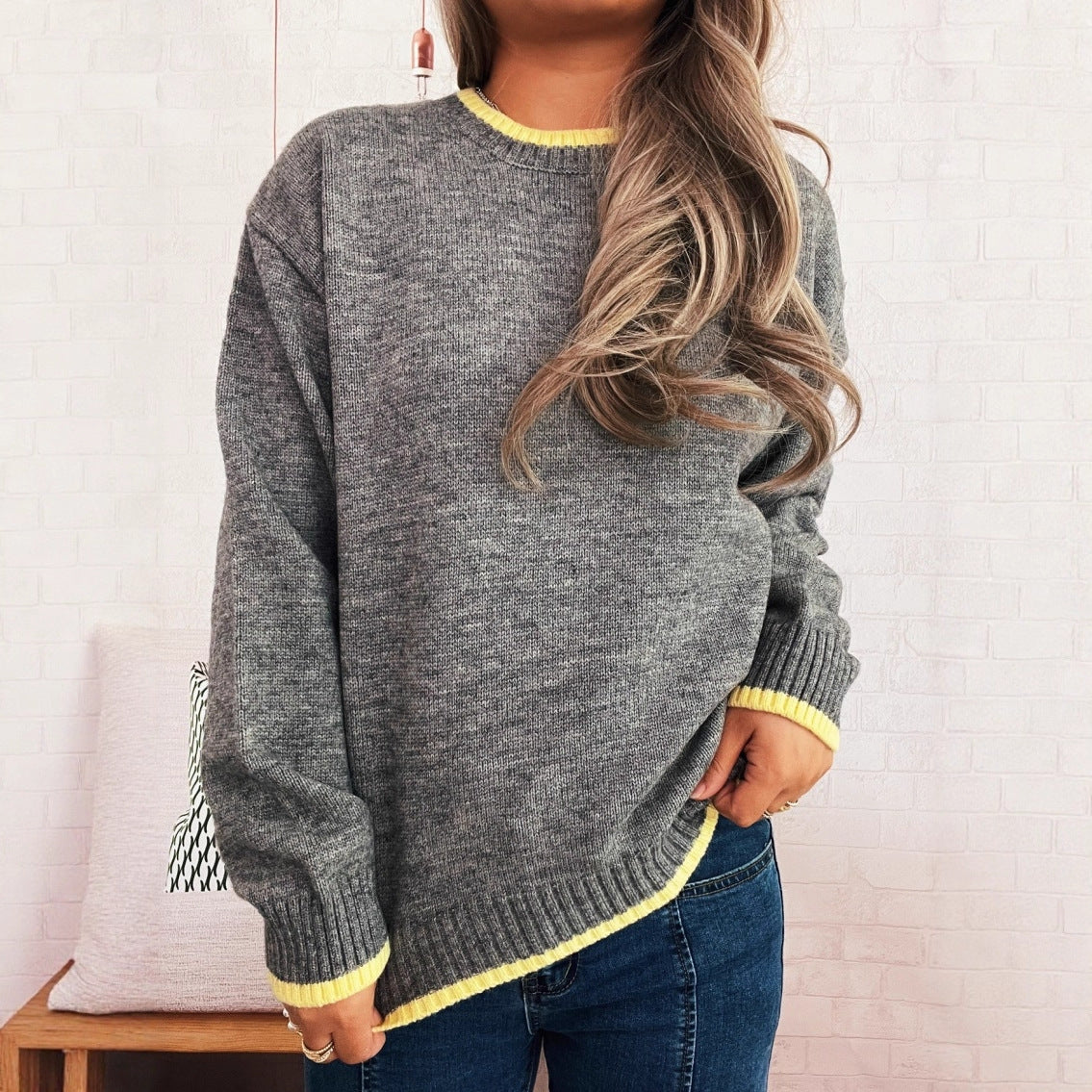 Pull en tricot confortable pour femmes avec des poignets contrastés et une coupe décontractée Chic und Stil