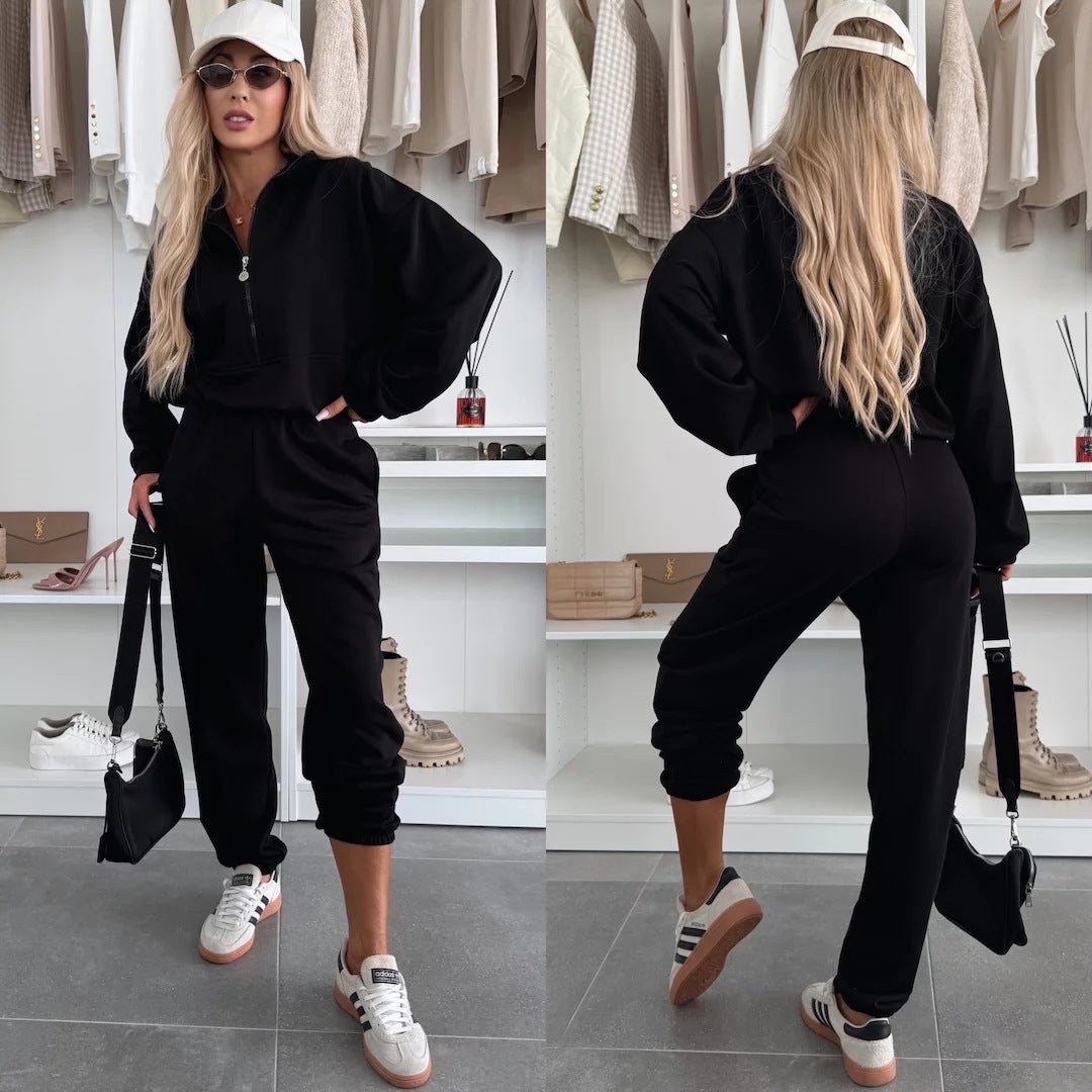 Dames Ensemble décontracté confortable avec demi-fermeture éclair et taille élastique Chic und Stil
