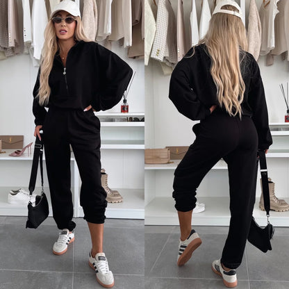 Dames Ensemble décontracté confortable avec demi-fermeture éclair et taille élastique Chic und Stil