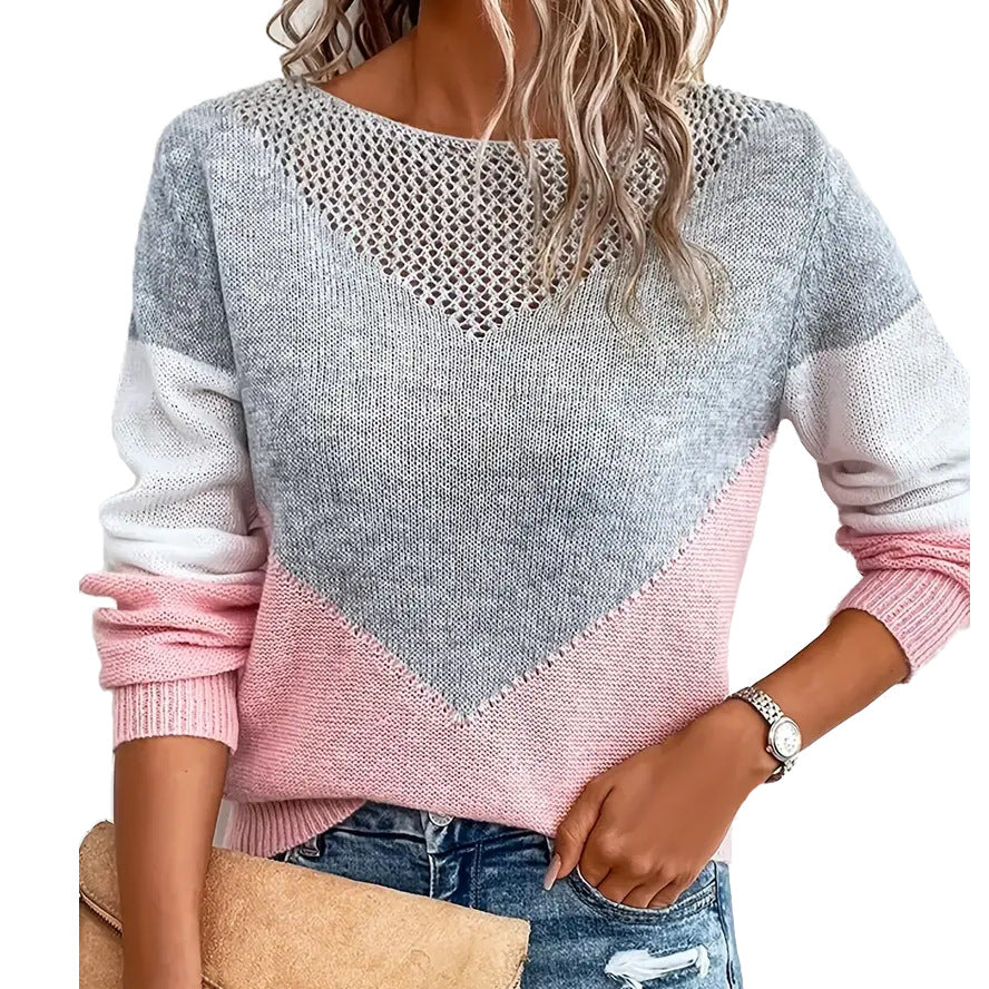 Dames pull moderne en tricot avec des blocs de couleurs contrastants et en V