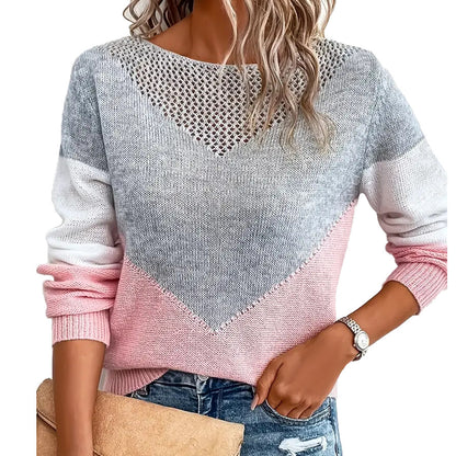 Dames pull moderne en tricot avec des blocs de couleurs contrastants et en V