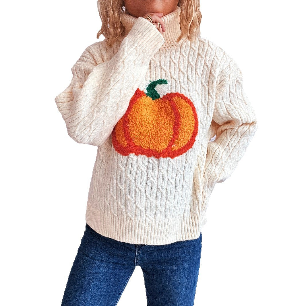 Pull en tricot pour femmes avec col roulé et design joyeux de citrouille Chic und Stil