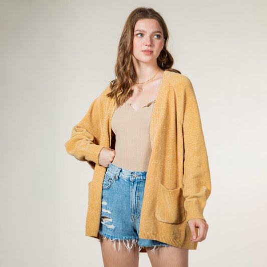 Dames Pull en tricot douillet avec poches latérales et devant ouvert Chic und Stil
