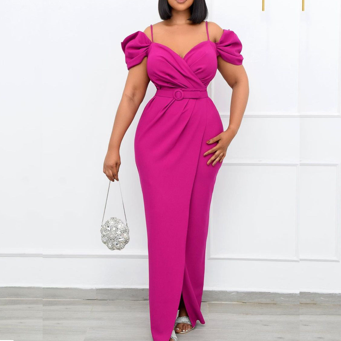 Dames Élégante Robe Portefeuille avec Manches Bouffantes Volumineuses et Ceinture Chic und Stil