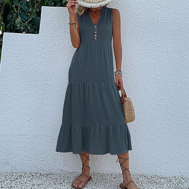 Robe maxi sans manches à volants pour femmes avec détail bouton Chic und Stil