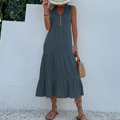 Robe maxi sans manches à volants pour femmes avec détail bouton Chic und Stil