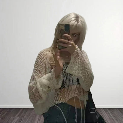 Dames Haut de crop tendance avec structure tricot aérienne et mailles ouvertes Chic und Stil