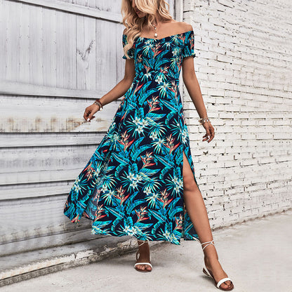 Robe Maxi Fleur Off-Shoulder Femmes avec Détail de Fente Haute Chic und Stil