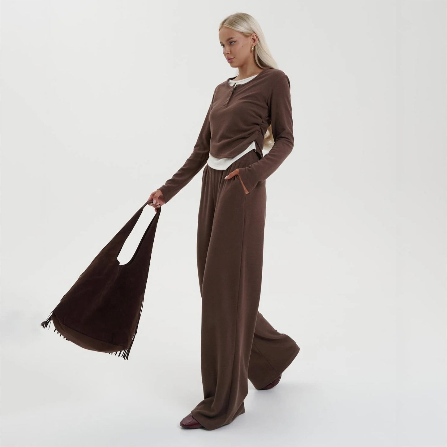 Dames Ensemble Élégant à Manches Longues avec Pantalons Amples Confortables Chic und Stil