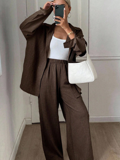 Dames élégant décontracté blouse en lin et large pantalon Chic und Stil