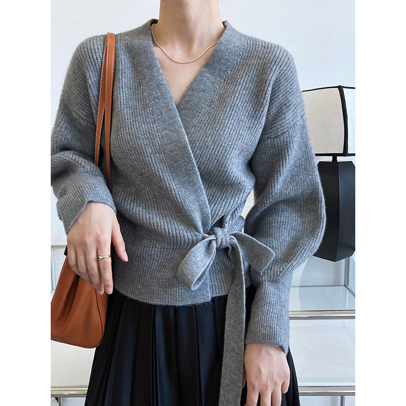 Pull en tricot à enroulement pour femmes avec ceinture à la taille et manches raglan Chic und Stil