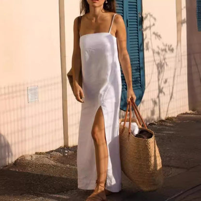 Dames Robe d'été légère avec fente latérale et bretelles spaghetti Chic und Stil