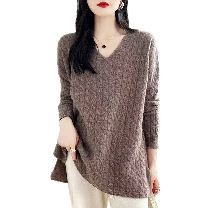 Femme pull en grosse maille avec décolleté en V et coupe décontractée Chic und Stil