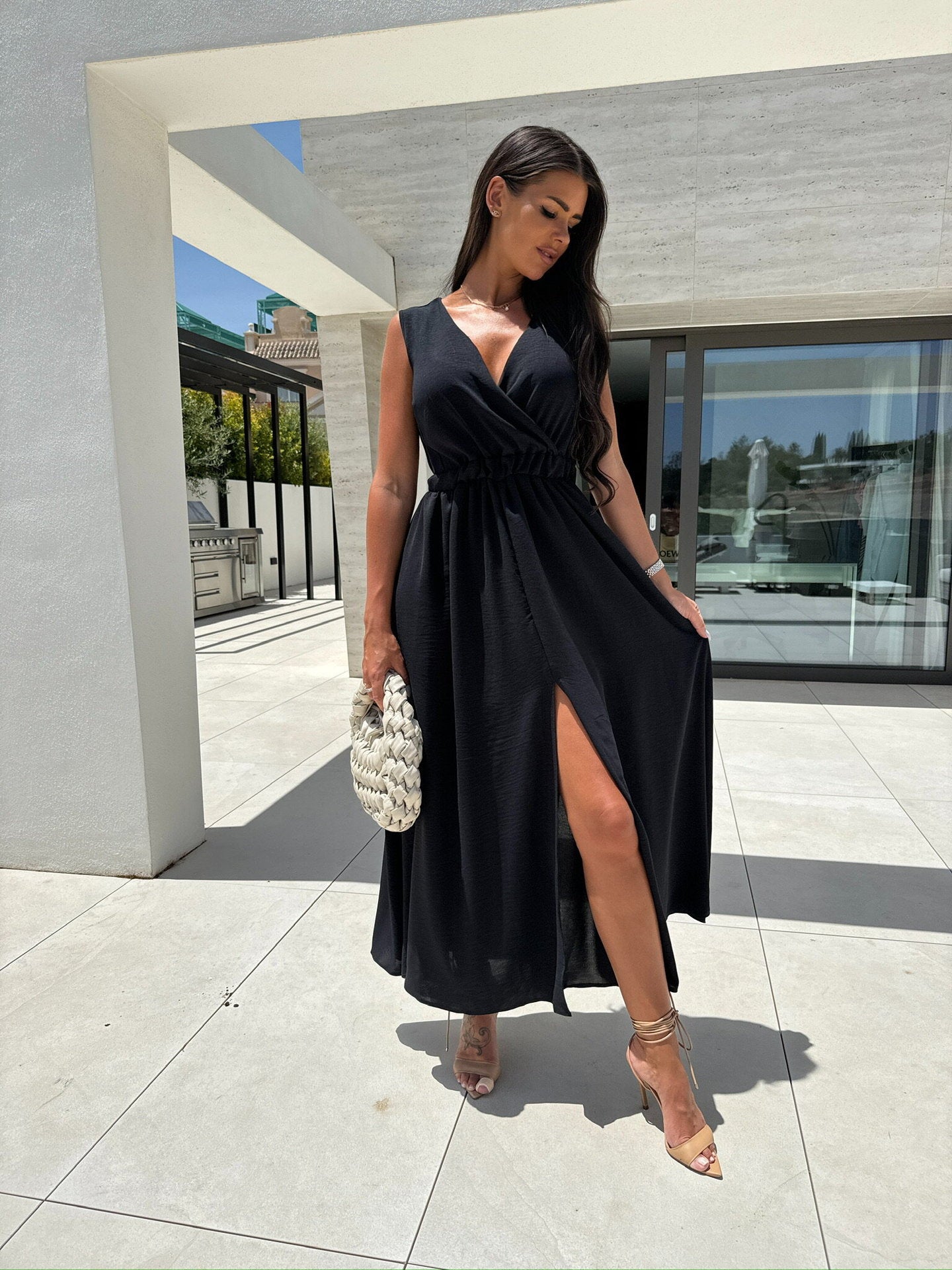 Robe maxi pour femmes avec fente haute et décolleté en V Chic und Stil