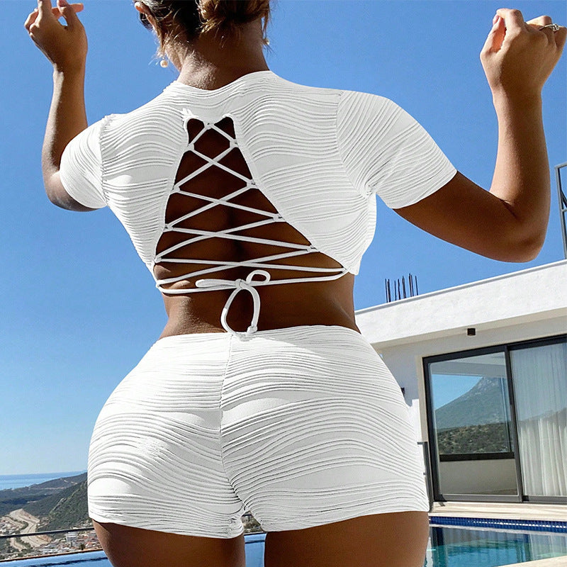 Ladies ribbed texture crop top and high-waisted shorts Chic and Style