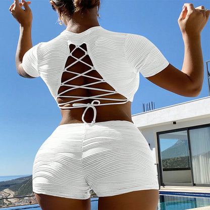 Ladies ribbed texture crop top and high-waisted shorts Chic and Style