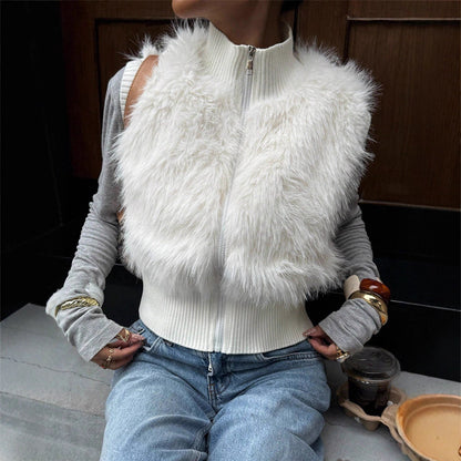 Dames gilet en tricot douillet avec fausse fourrure luxueuse Chic und Stil