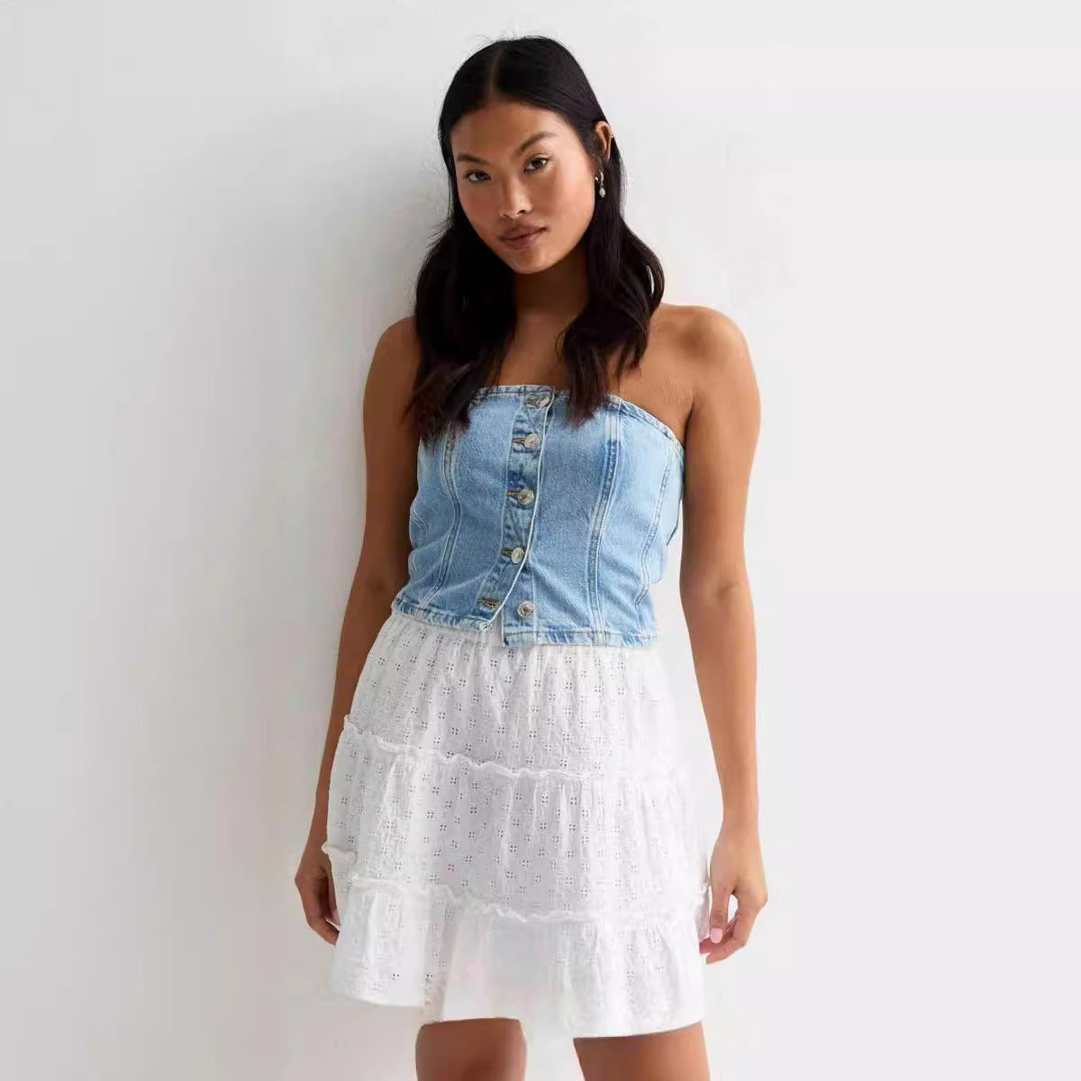 Dames Denim-Crop-Top avec chemisier romantique à volants Chic und Stil
