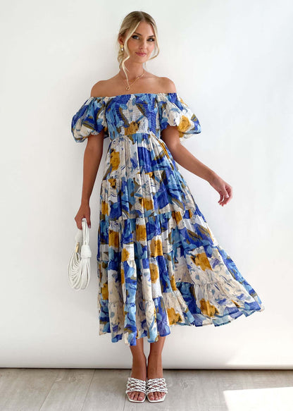 Dames Floral Puff Manche Midi Robe Chic und Stil