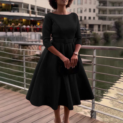 Robe élégante A-ligne pour femmes avec ceinture et manches ¾ Chic und Stil