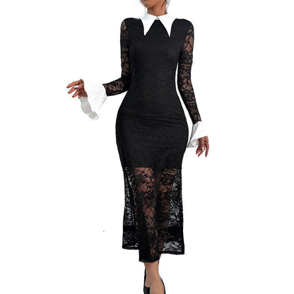 Robe midi élégante en dentelle pour femmes avec col contrasté Chic und Stil