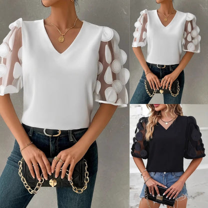 Dames Haut élégant avec des manches bouffantes transparentes et un décolleté en V Chic und Stil