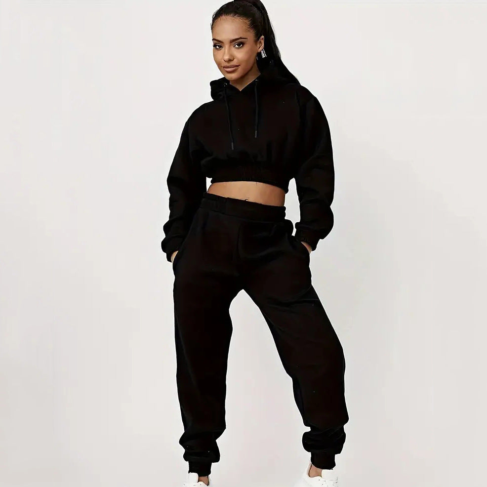 Women Fashionable Crop Hoodie and Casual Chic Jogger Pants