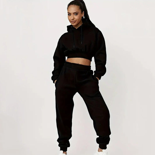 Women Fashionable Crop Hoodie and Casual Chic Jogger Pants